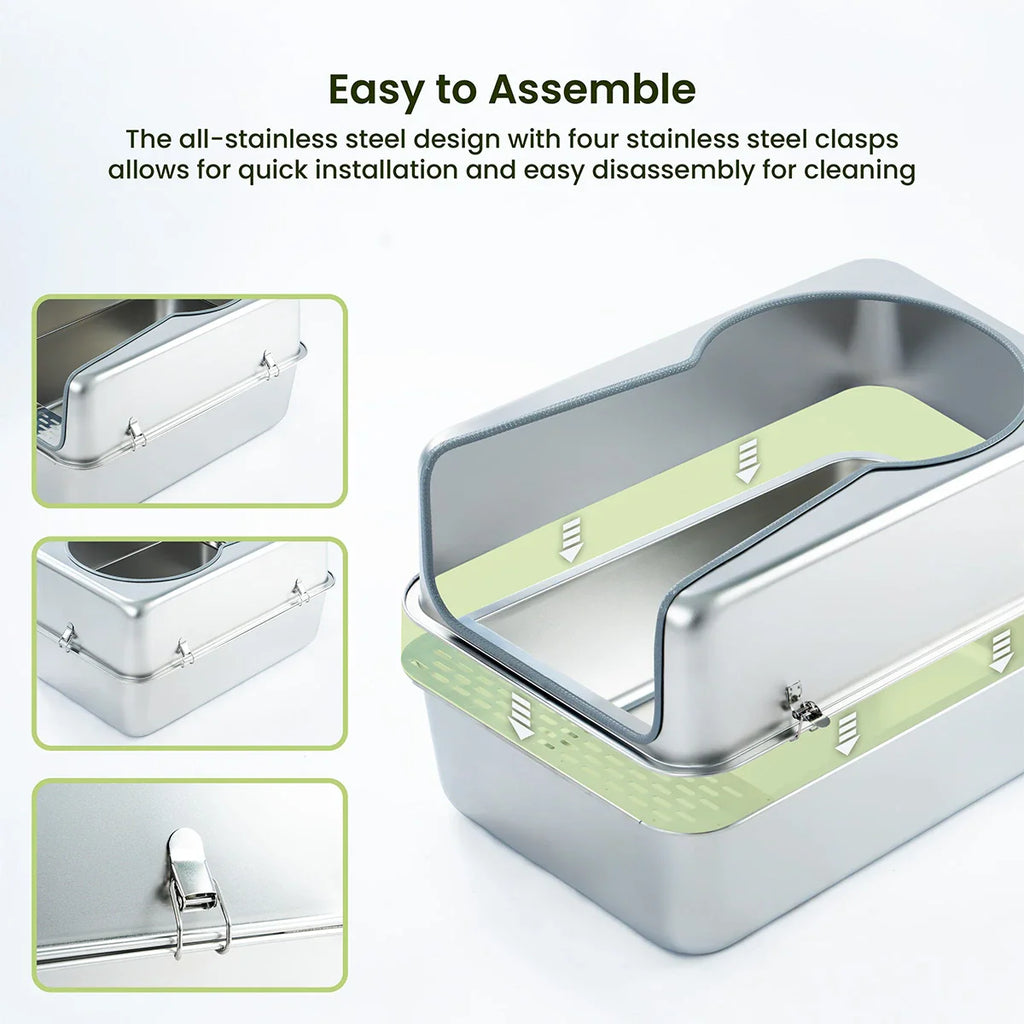 Cattasaurus Stainless Steel Litter Box - Plastic Hood