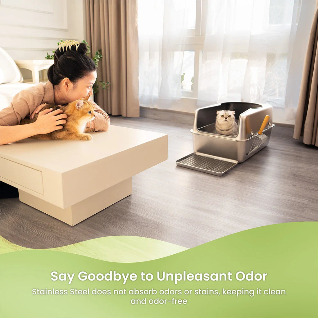 Cattasaurus Stainless Steel Litter Box - Plastic Hood