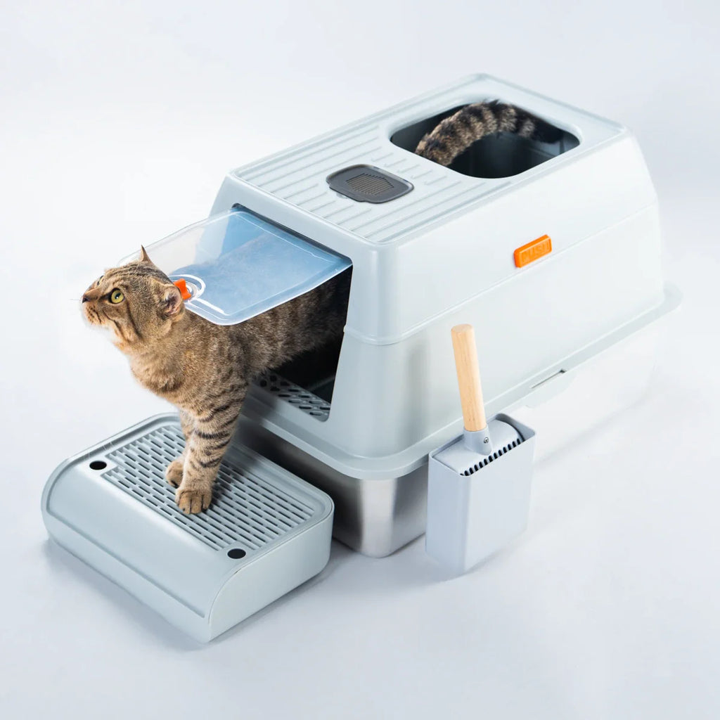 Cattasaurus Stainless Steel Litter Box - Plastic Hood